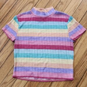 Forever 21 Colorful Rainbow Striped High Neck Mockneck Baby Tee Shirt Crop Top